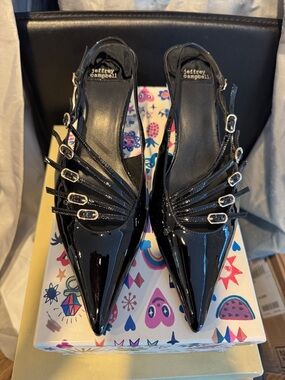 Jeffrey Campbell Lash-2 Black Patent Pointed Slingback kitten heel size 8